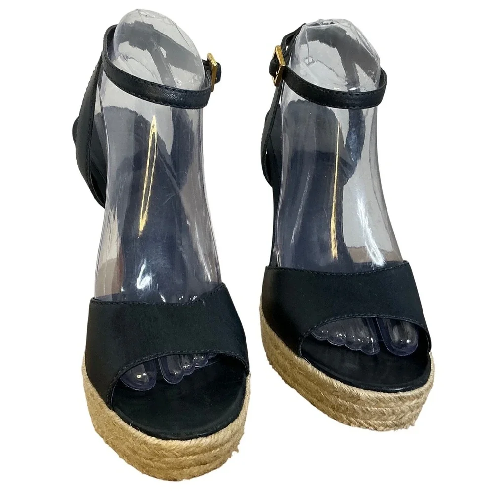 Tory Burch Black Leather Espadrille Platform Heels Womens 9.5‎ Ankle Strap